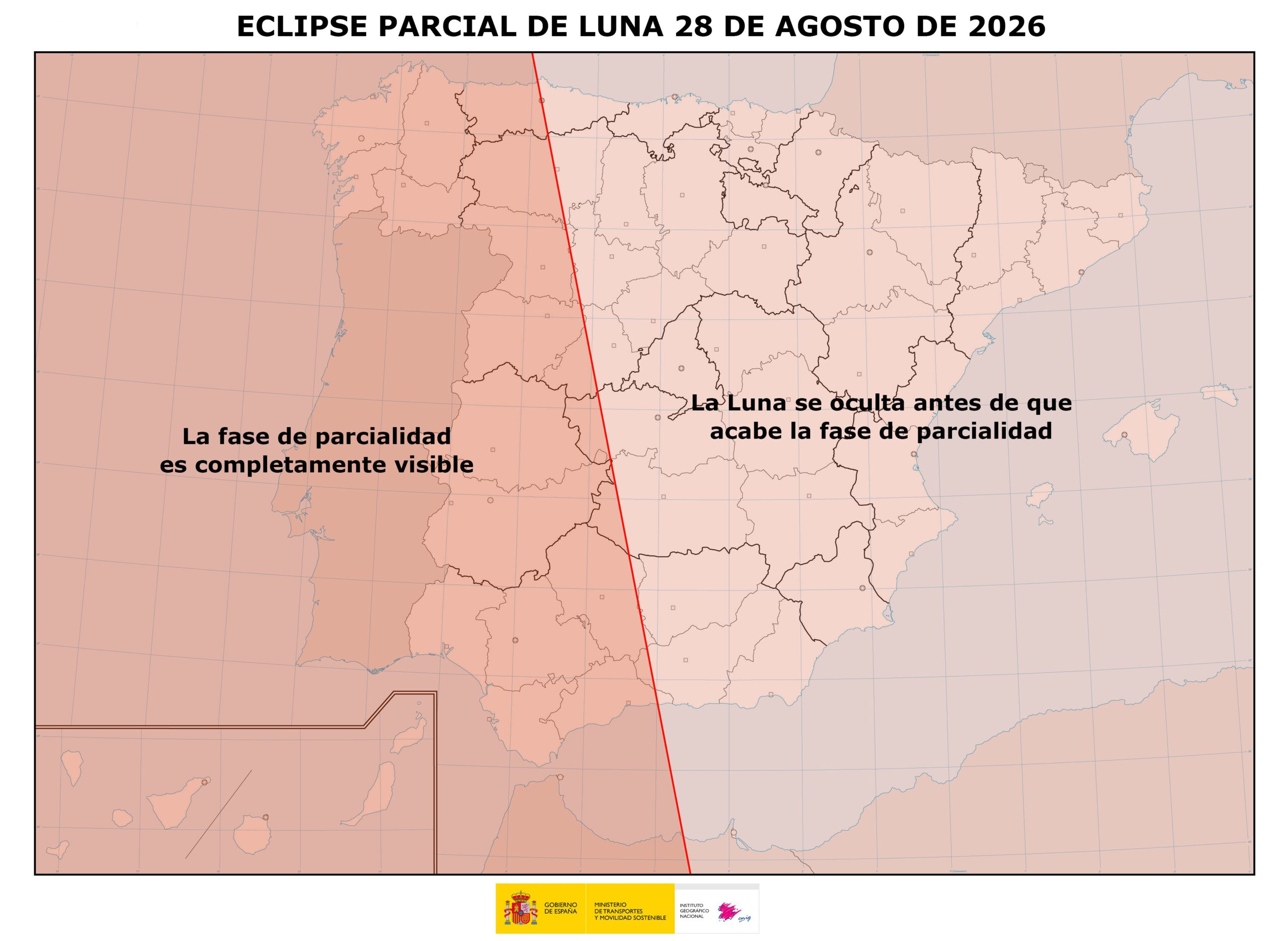 Mapa de visibilidad del eclipse de Luna en la península iberica