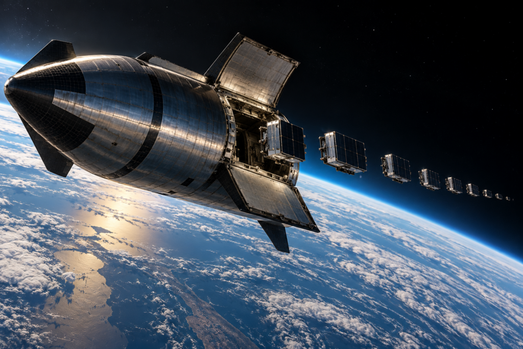 Starship en órbita durante el despliegue de satélites Starlink V3