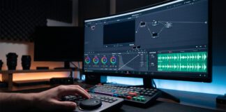 Novedades de DaVinci Resolve Studio 21.1.1: Mejoras en Edición, Soporte RAW y Requisitos del Sistema Interfaz de trabajo de DaVinci Resolve Studio 21.1.1 en una pantalla de edición profesional